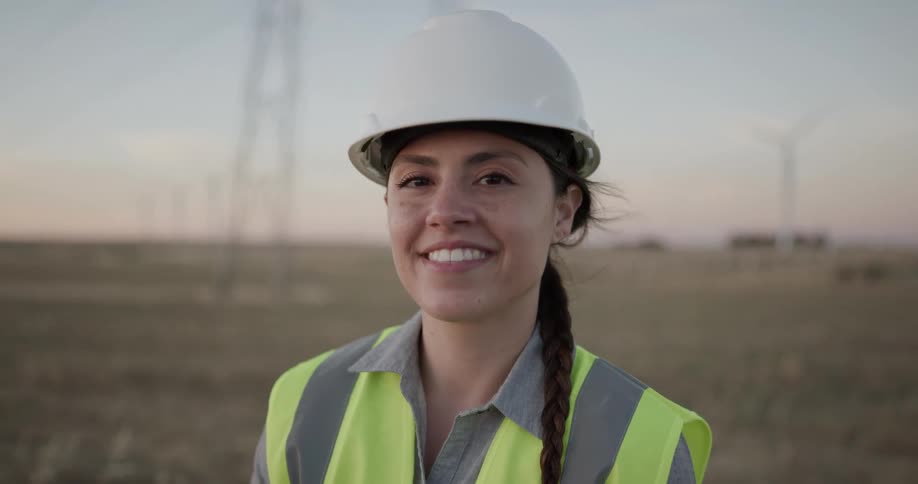 A woman with a hard hat and vest standing staring and smiling with the sky and wind turbines in the background