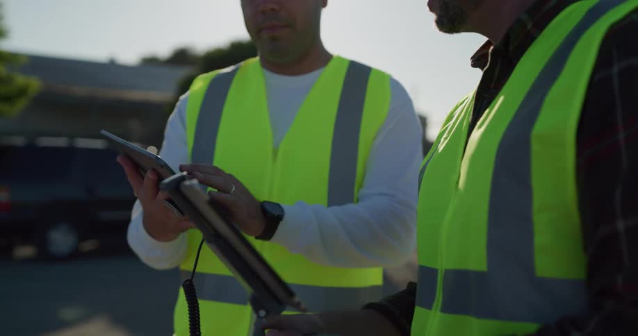 Construction workers wearing white hard hats and green vests look at the tablets