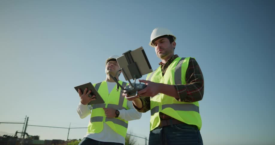 Two construction workers wearing hard hats and safety vests stand outside while holding technology items