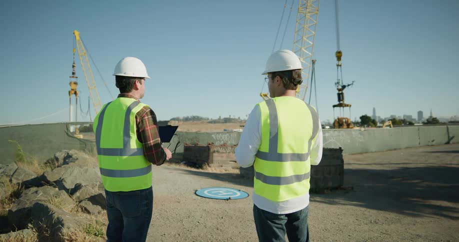 Construction workers wearing hard hats and yellow vests fly a drone over a construction site