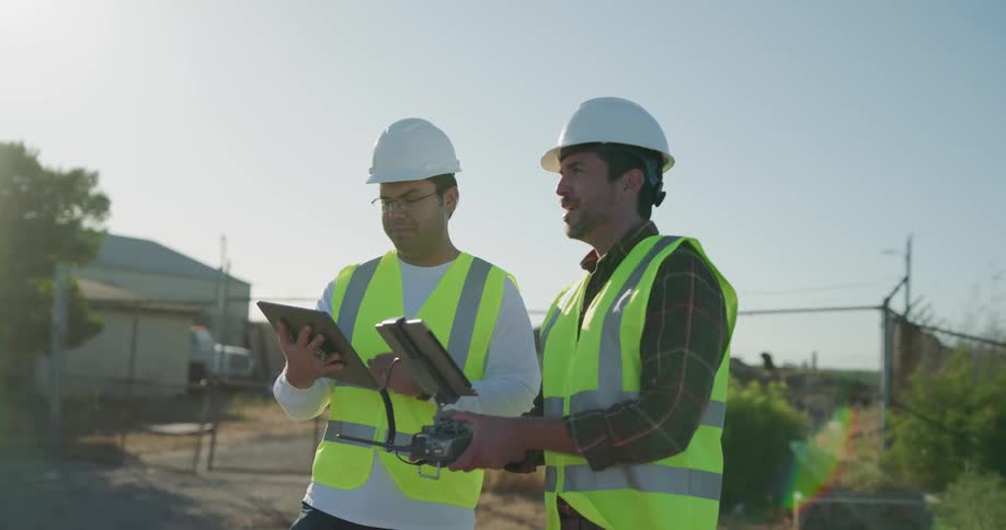 Two men wearing hard hats and safety vests converse near a fence