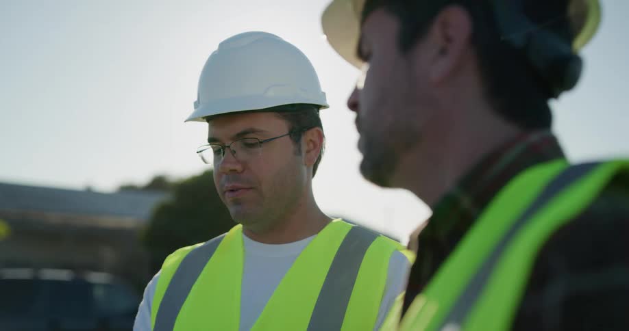 Two men in hard hats and safety vests talk with each other