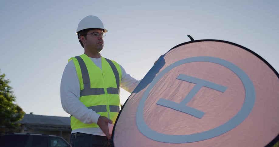 A construction worker stands on a site and opens a pop up sign with a large letter h