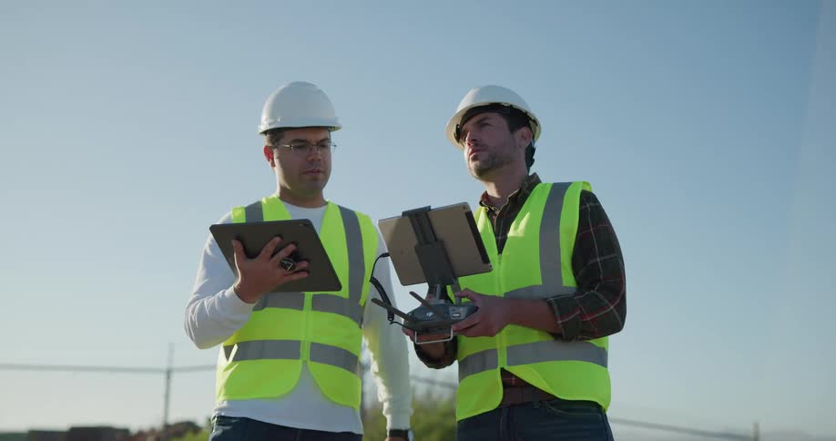Two men with hard hats and vests standing and operating a drone with the sky in the background