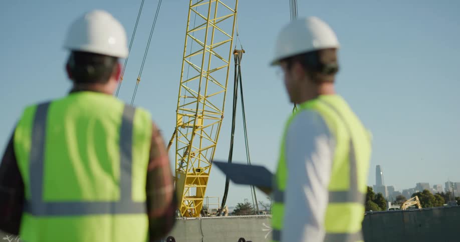 Two men with hard hats and vests operating a drone with the sky in the background