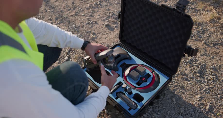 An employee with a hard hat on takes tools out of a case