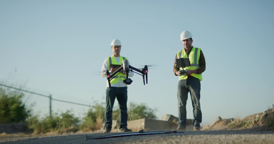 Two men with hard hats and vests standing and operating a drone with the sky in the background