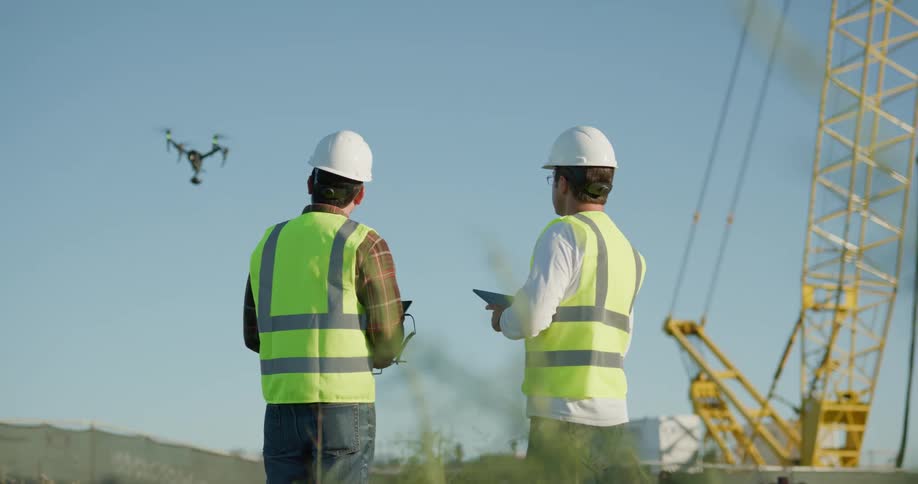 Two men flying a drone outdoors