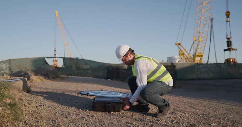 A construction worker unpacks a remote control drone from its case while kneeling outside a construction site