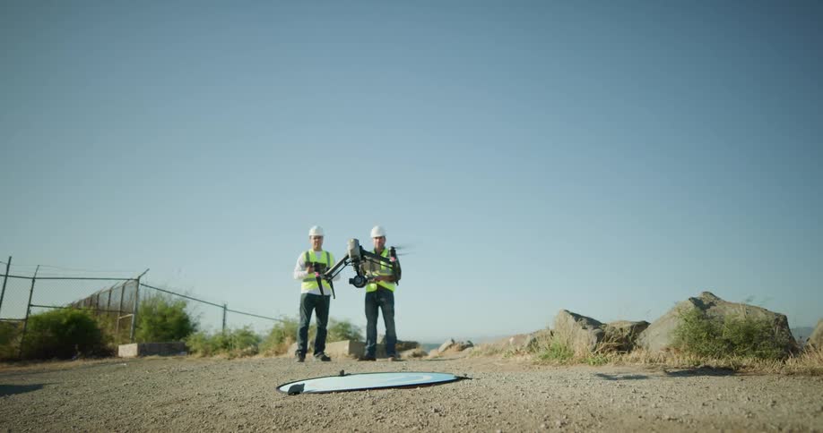 Engineers wearing white hard hats and green vests land a drone in a construction site