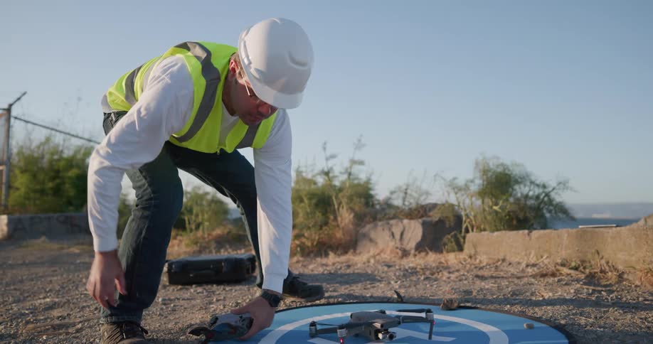 A man wearing a construction vest and helmet fixes a landing pad for a drone