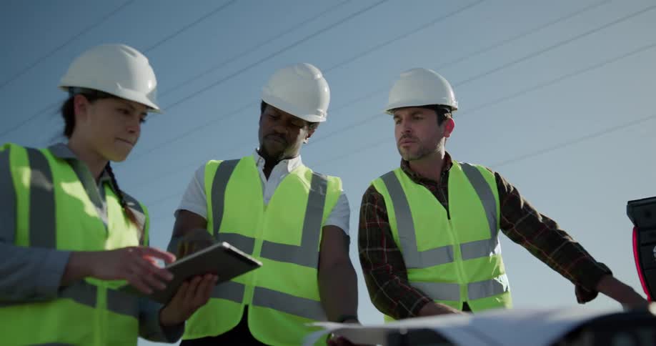 Three employees on a construction site look at blueprints and a tablet and point at the job