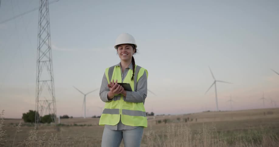 Woman wearing a hard hat and safety vest holds a technological device as wind turbines rotate behind her