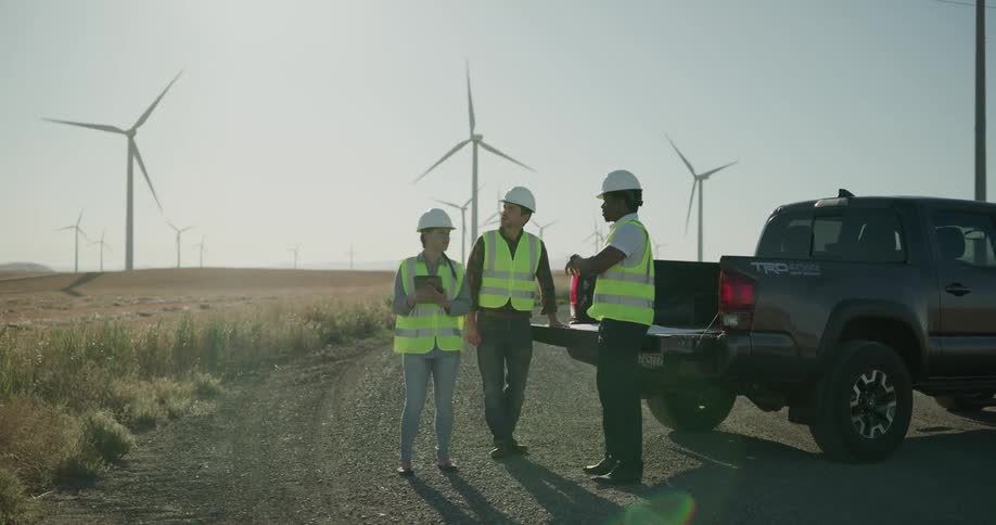 Three employees look at blueprints in the back of a truck on a wind farm