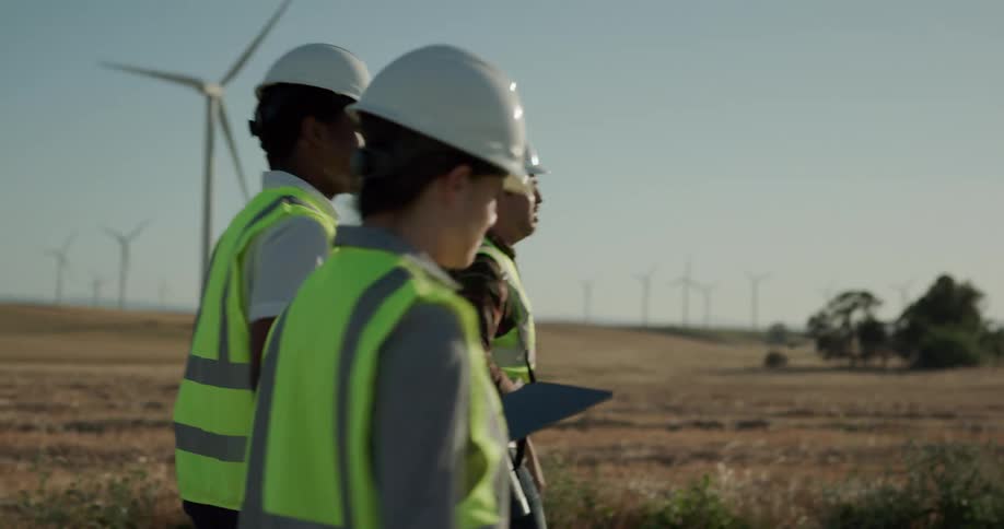 Two men and a woman with hard hats and vests walking with the sky and wind turbines in the background