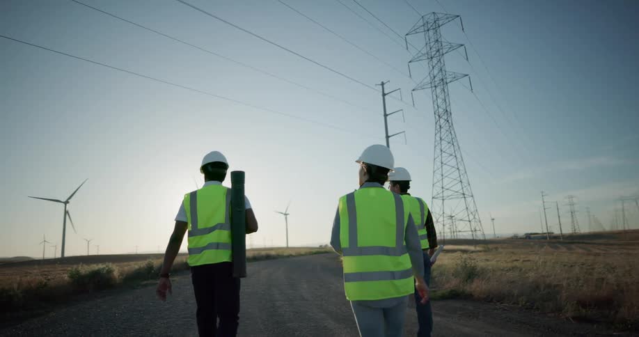 Engineers wearing white hard hats and green vests walk on a gravel path to the wind turbines
