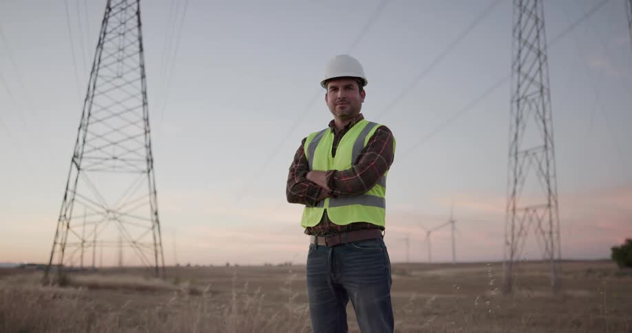 A man in hard hat stands on a field with electrical towers and wind turbines and poses for a photo