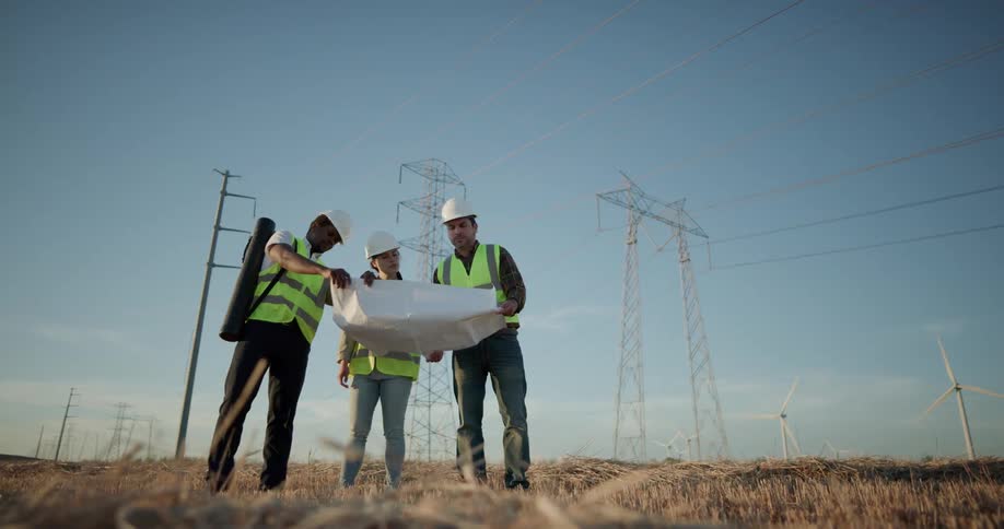 Supervisors wearing white hard hats and green vests check a blueprint next to the transmision towers near wind turbines