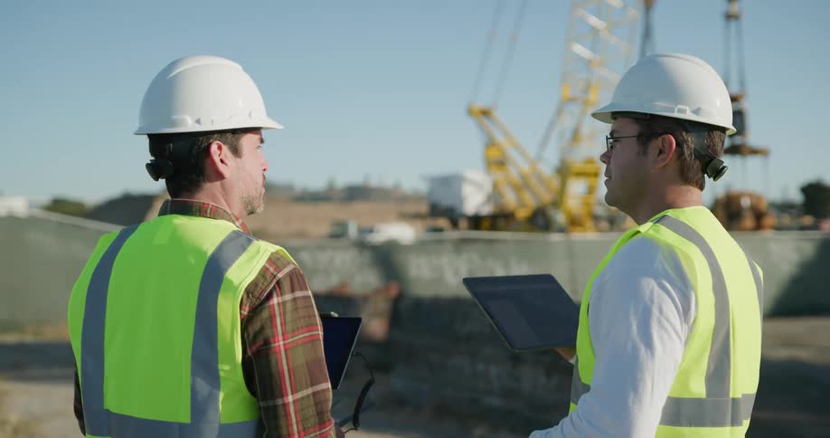 Two construction workers holding tablets discuss activities on the job site
