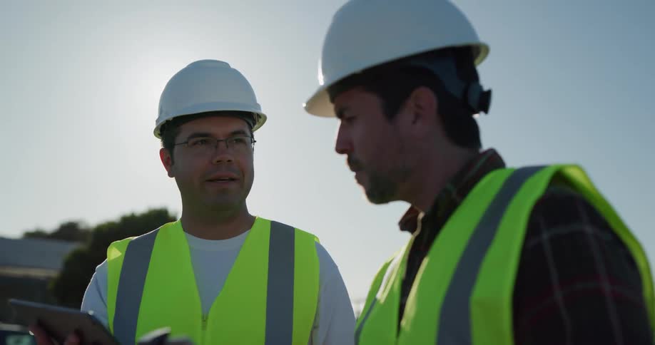 A pair of men in hard hats and safety vests look at a tablet as they stand together outdoors on a sunny day