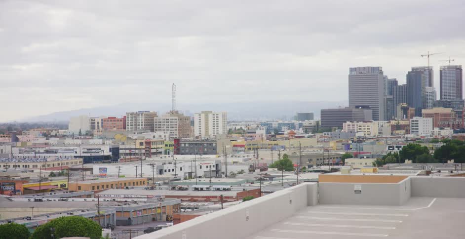A rooftop with trees and buildings the sky and clouds in the background