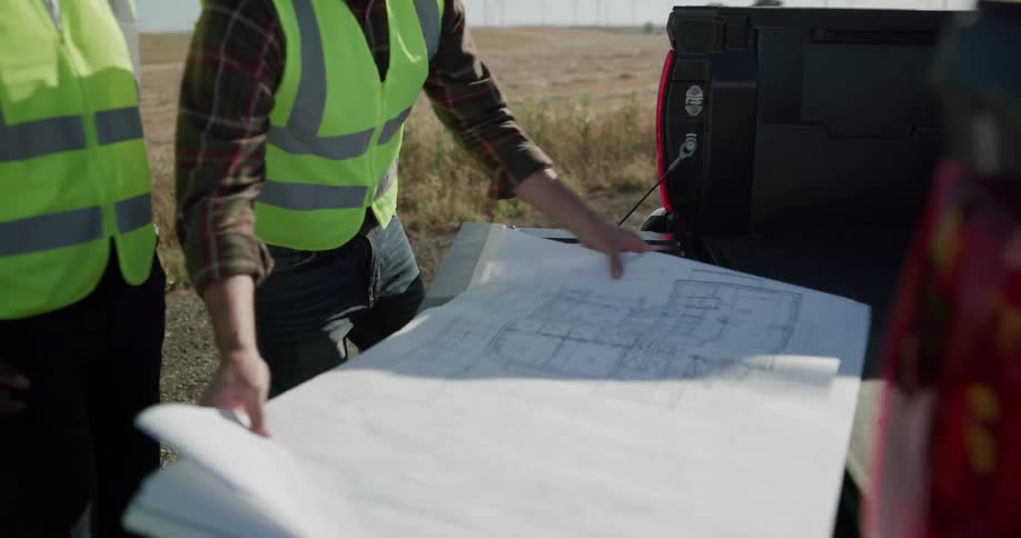 A man removes a blueprint from its carrier and unrolls it on the back of a truck to show his colleagues