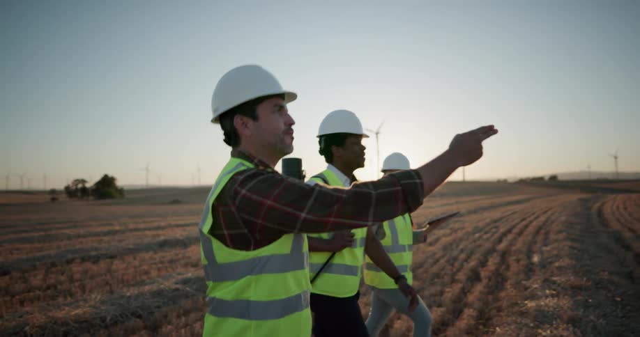 Supervisors wearing white hardhats and green vests walk on a field towards a gravel road