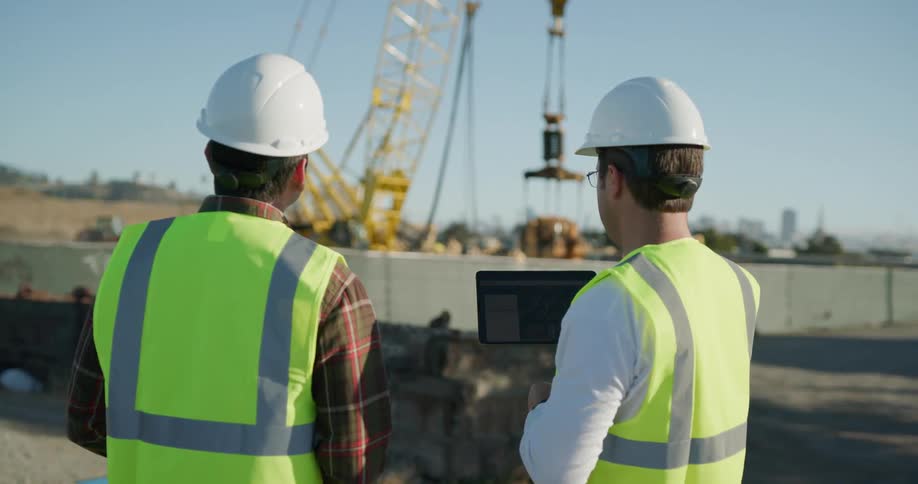 Two construction workers view something on a tablet and point at a crane on a construction site