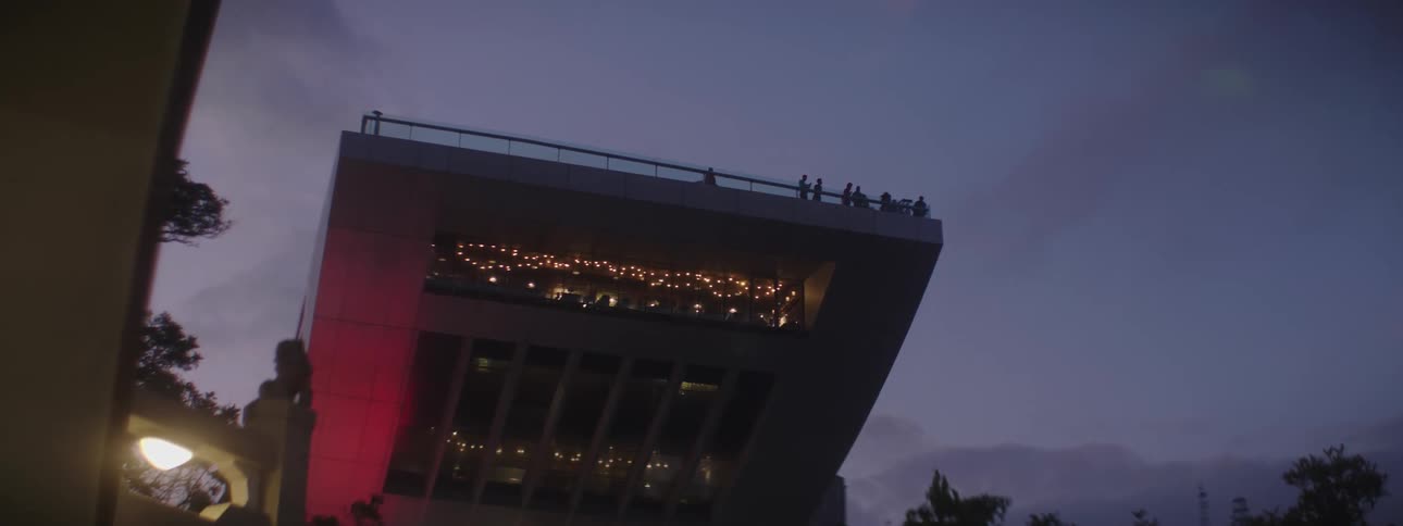People stand on the rooftop of a large building with a sloped facade to take in the view at night