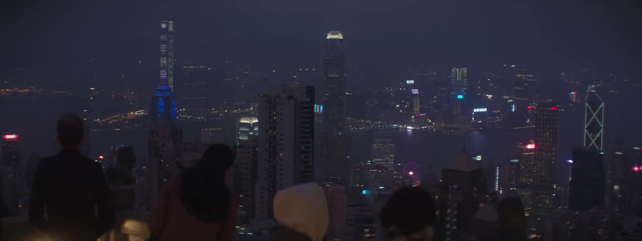 People look out at the skyline of a city from atop a building at night
