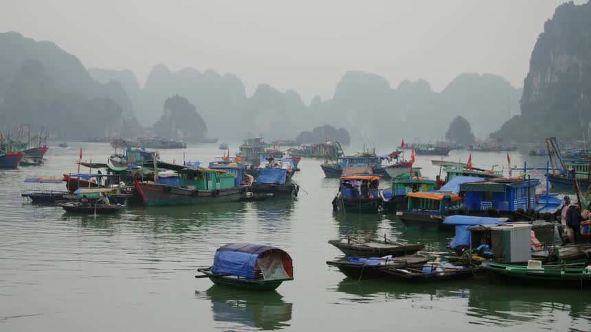 Boats parked on the shore and people paddling in boats