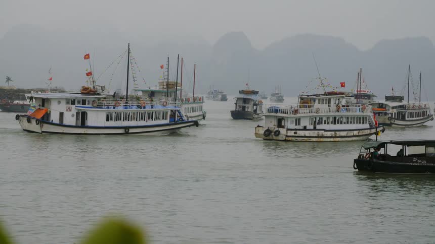 Several ships cruise through the fog on the calm water