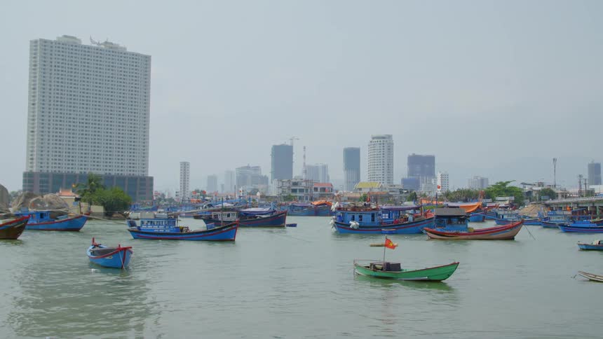 The water near the city has many anchored boats