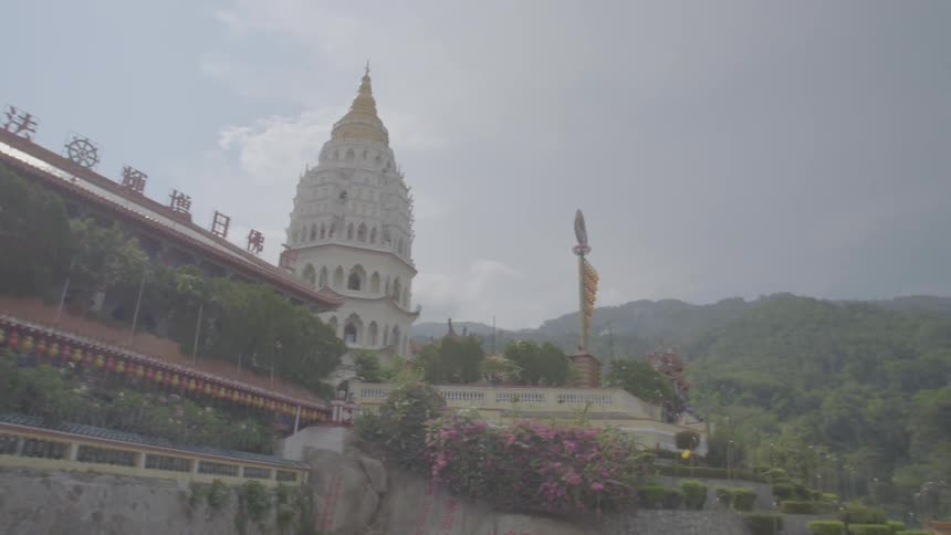 Fog covers ornate exotic tower and vegetation filled building