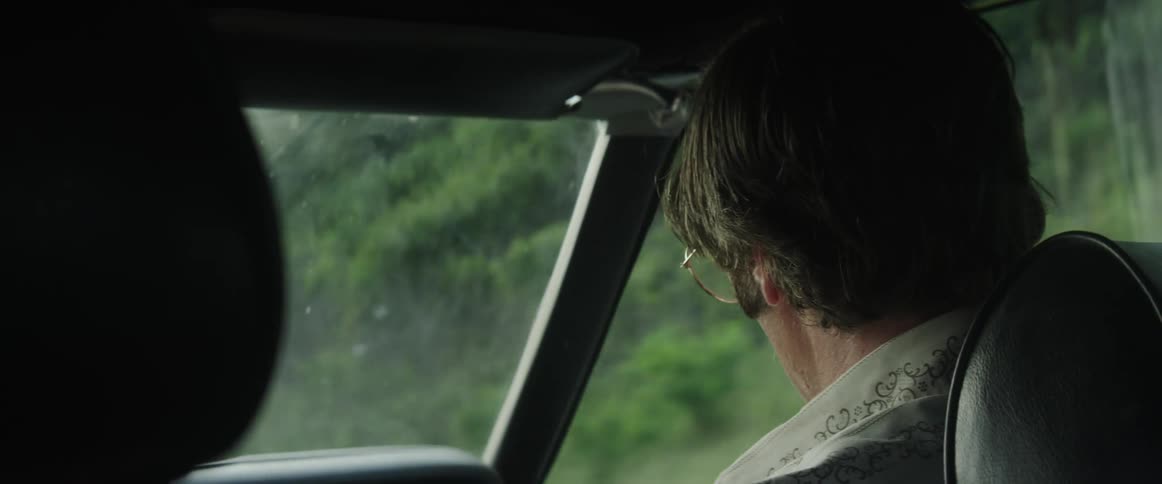 A car passenger turns to talk to the driver as they pass by a dense forest