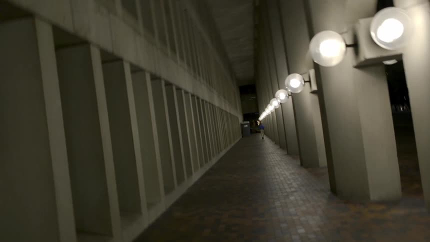 A concrete hallway with lights on the pillars