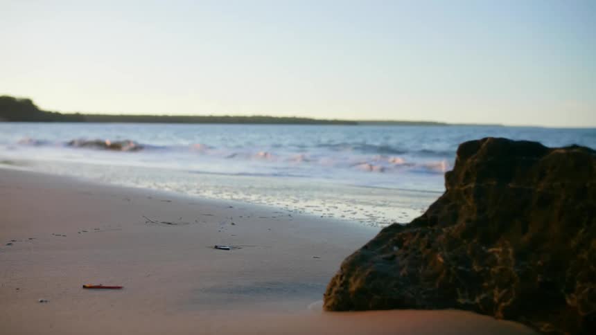 Small foamy ocean waves crash against the wet beach