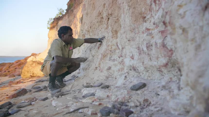 An aboriginal man uses a rock to collect white ochre