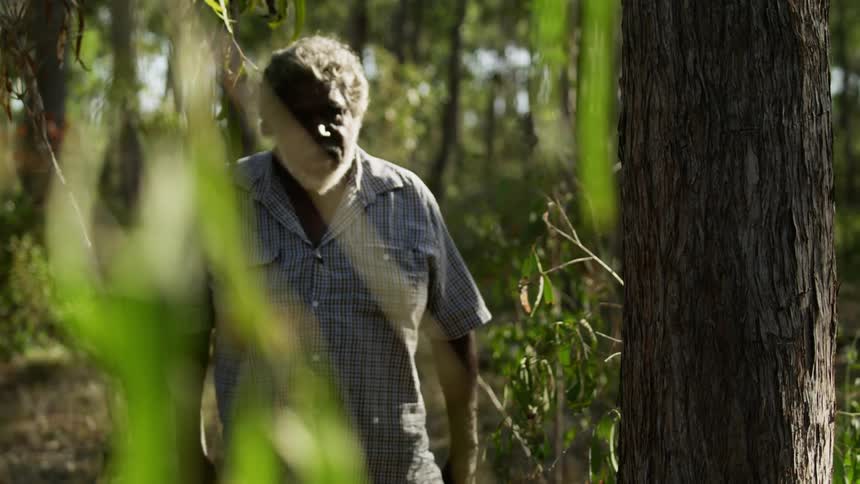 A man with a stick in the forest walking up and touching a tree