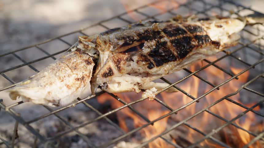 A piece of food cooking over an open fire
