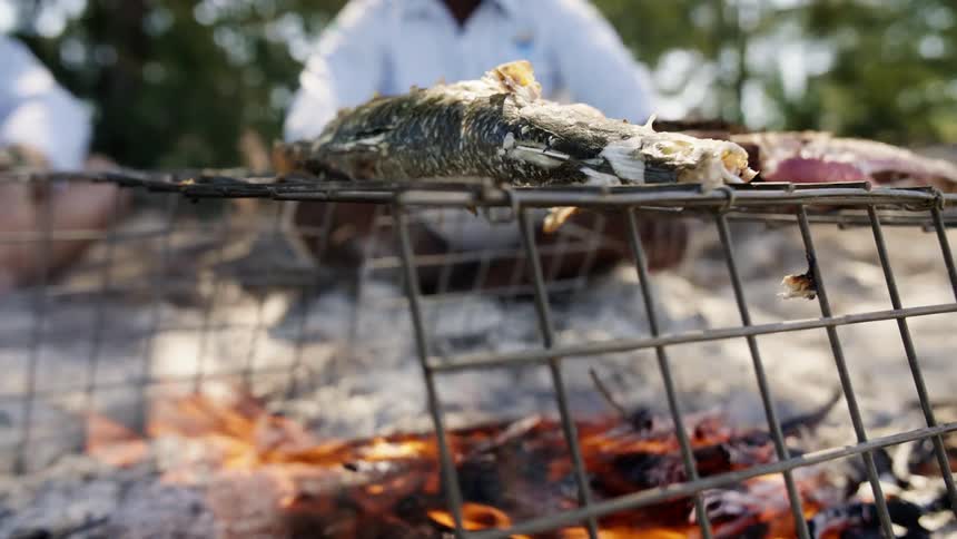 People sit cross legged on ground near fish cooking on wire grill over campfire