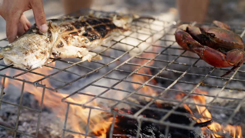 A person cooking food on an open fire on the beach