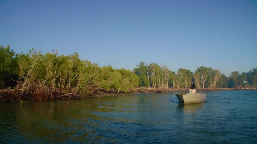A person travels in a small boat on a rural tree lined lake