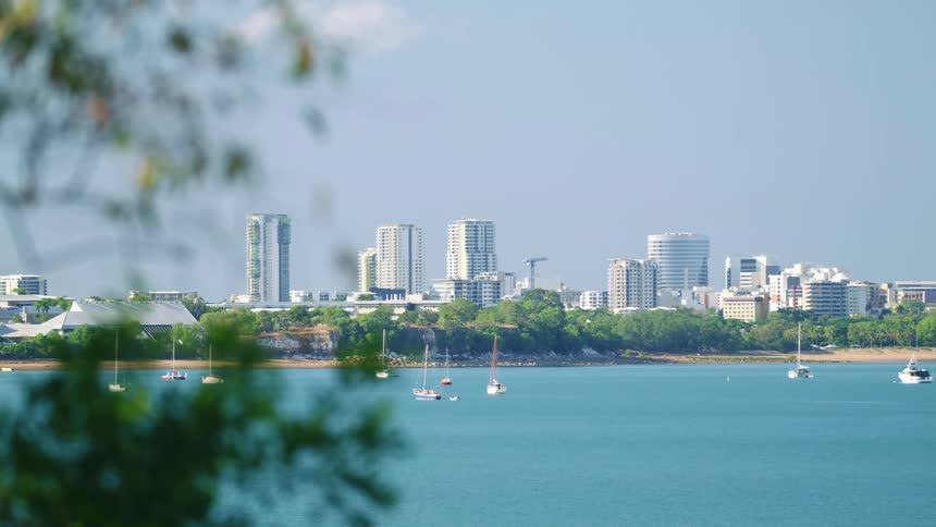 A dozen sailboats sit in the ocean in front of a city skyline