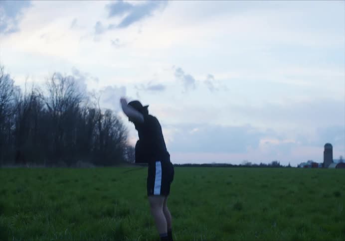 A man doing burpees in a field in the early evening