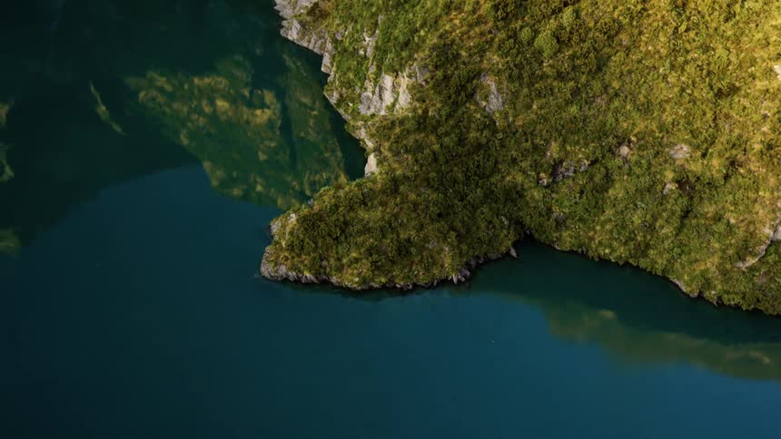 A steep mountain slope covered in vegetation leading down to a still lake that reflects the sky