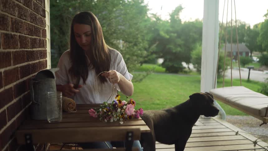 A woman sits on her front porch with her dog and cuts twine to tie flowers together