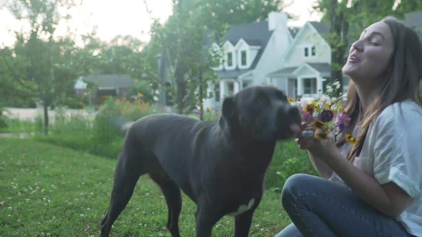 A woman playing with her dog outside