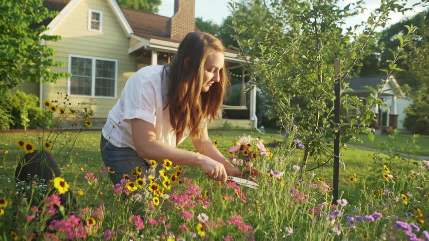A teenage girl cuts flowers in her yard