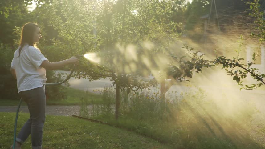 A woman watering plants in her yard with a hose